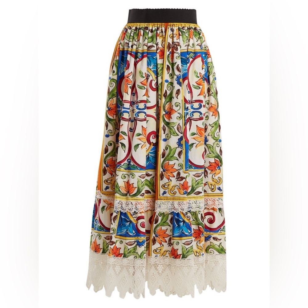 Dolce & Gabbana Majolica Print Lace Trimmed Skirt
